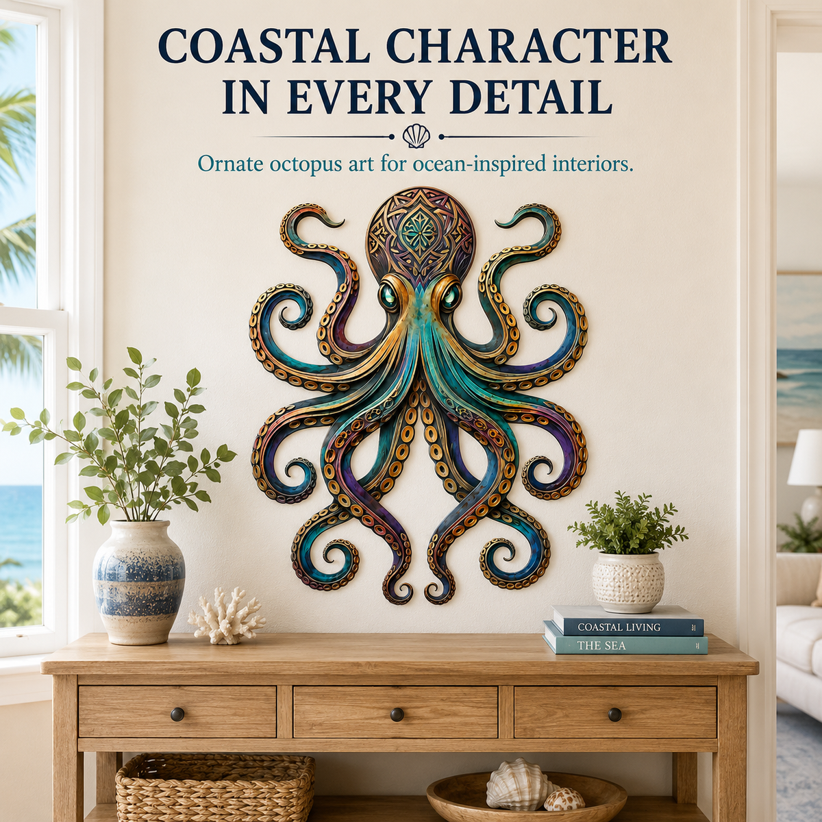 Décor Detail Scene — Octopus Metal Wall Art Octopus Wall Decor Coastal Wall Art