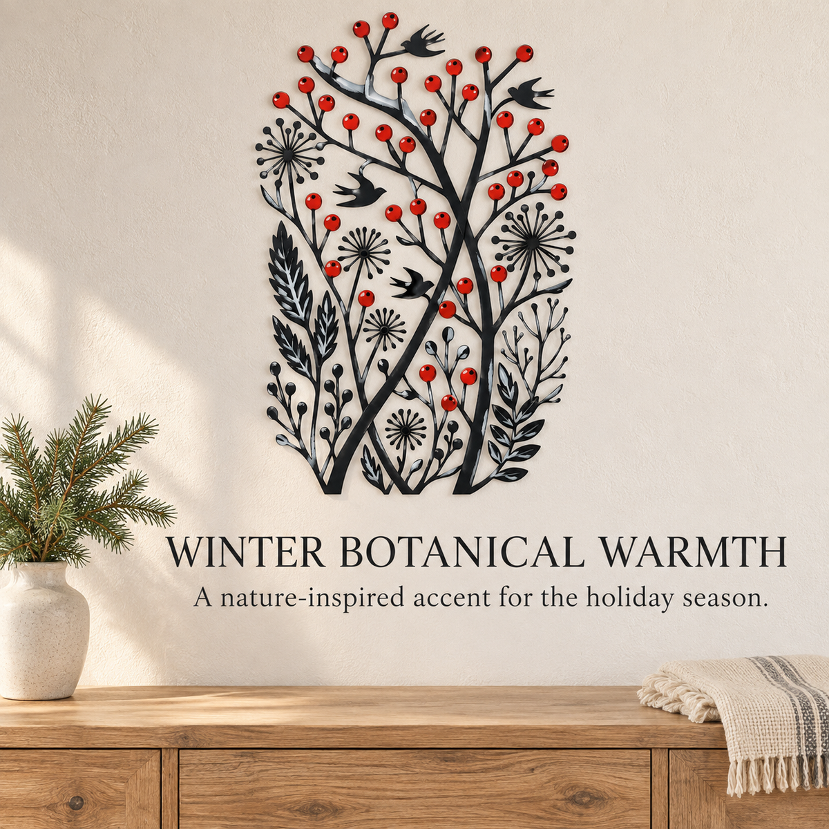 Christmas Wall Art Winter Bird Metal Wall Decor Botanical Nature Art Woodland Christmas Decor Flat Printed Metal Art With LED — Décor Detail Scene