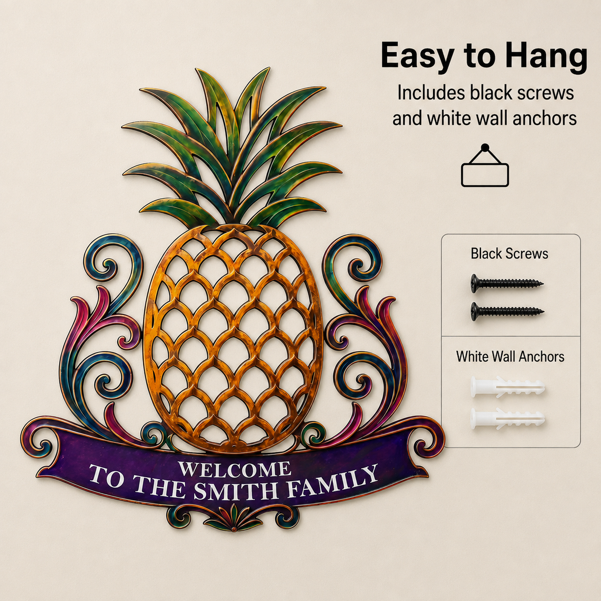 How to Hang - Custom Pineapple Welcome Metal Sign Personalized Family Name Sign Entryway