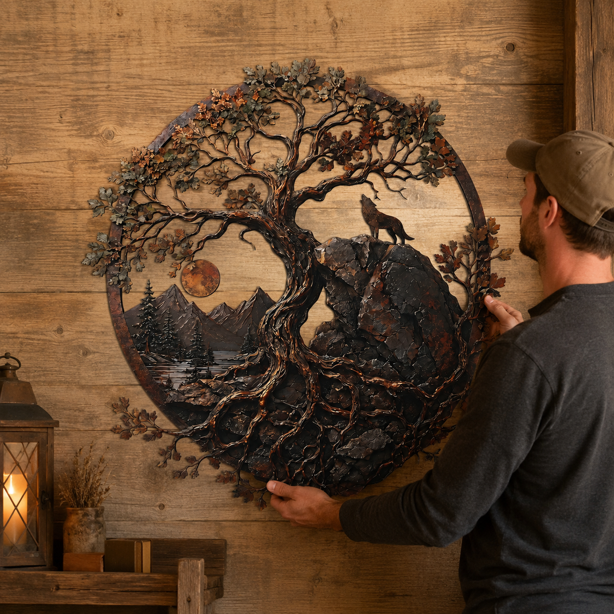 Human Lifestyle Trust - Ancient Oak Tree Metal Wall Art Wolf Mountain Wilderness Decor