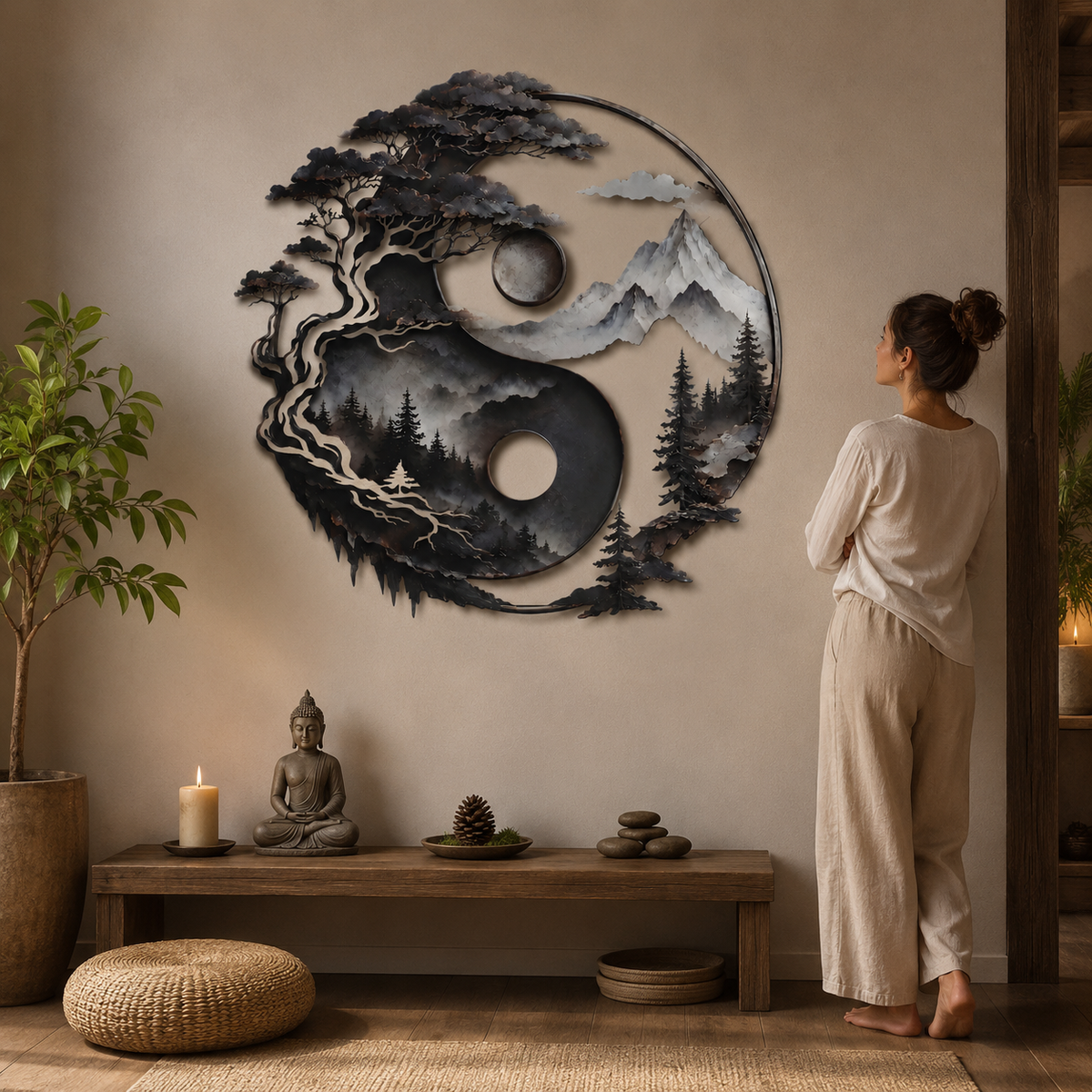 Yin Yang Metal Wall Decor, Mountain and Tree Wall Art, Zen Nature Wall Sign, Rustic Landscape Home Decor With LED — Human Lifestyle Trust