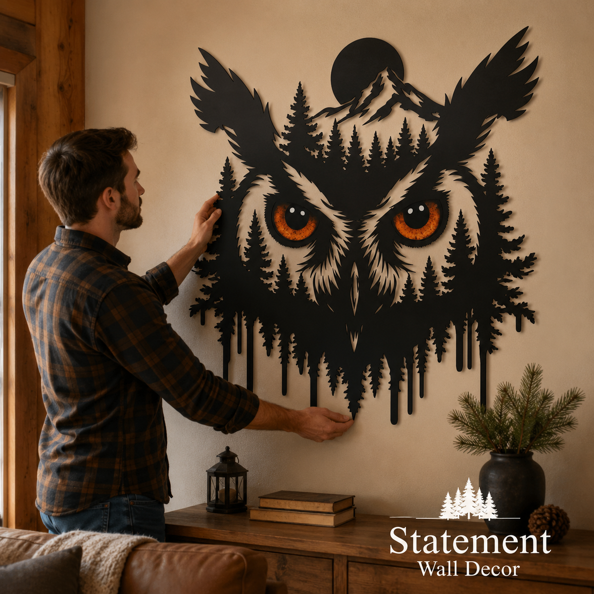 Human Lifestyle Trust - Owl Metal Wall Art Glowing Owl Eyes Wildlife Art Woodland