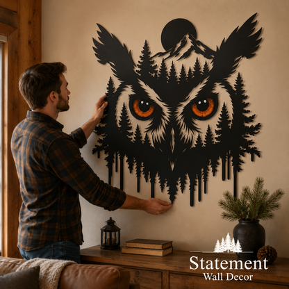 Human Lifestyle Trust - Owl Metal Wall Art Glowing Owl Eyes Wildlife Art Woodland
