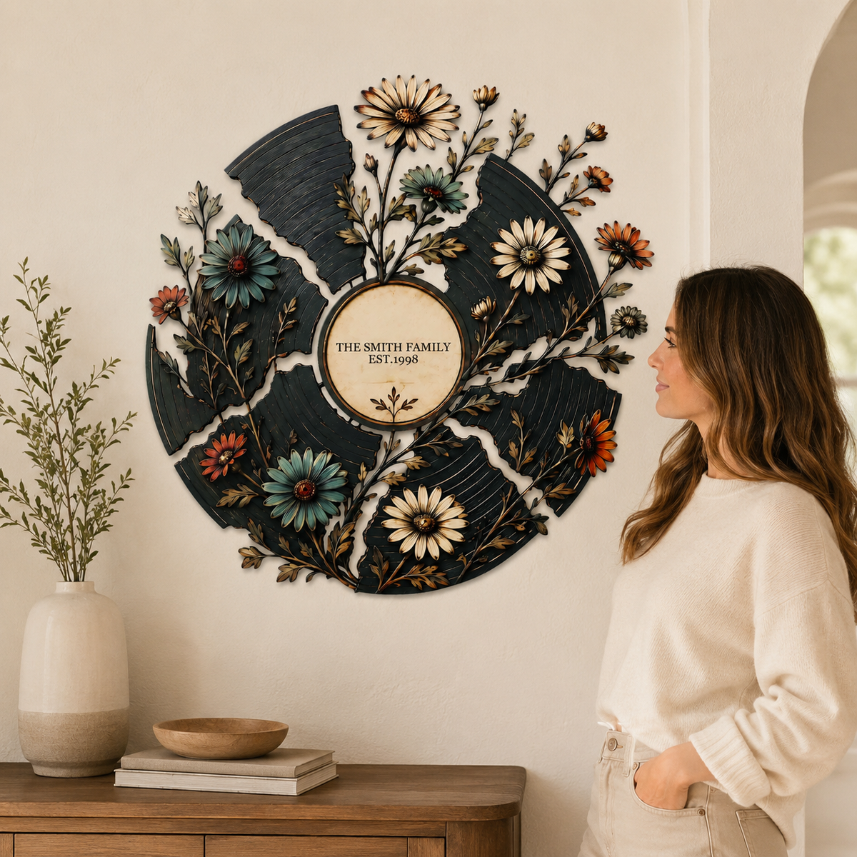 Human Lifestyle Trust - Personalized Floral Record Metal Wall Art Custom Vinyl Record Decor
