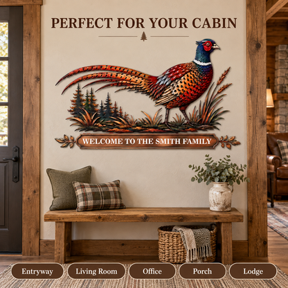 Personalized Pheasant Metal Wall Art Family Name Sign Custom Cabin Wall Decor Wildlife Lodge Decor With LED — Room Use Placement Ideas