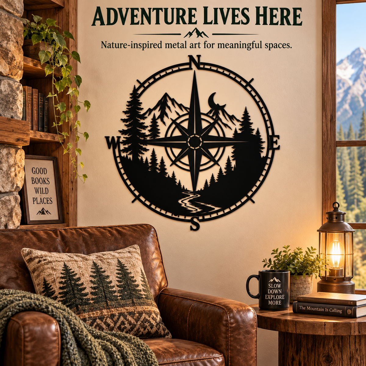 Metal Compass Wall Art Mountain Wall Art Adventure Decor Cabin Wall Art Travel Gift Nature Lover Gift With LED — Three Décor Areas
