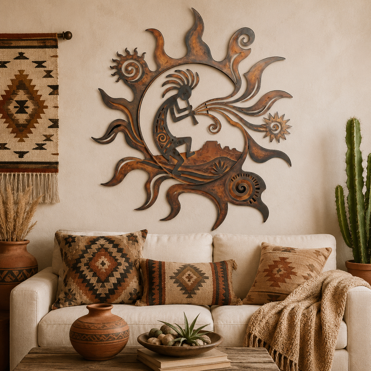 Boho Living Room Wall - Kokopelli Metal Wall Art Southwestern Wall Decor Desert Sun Rustic