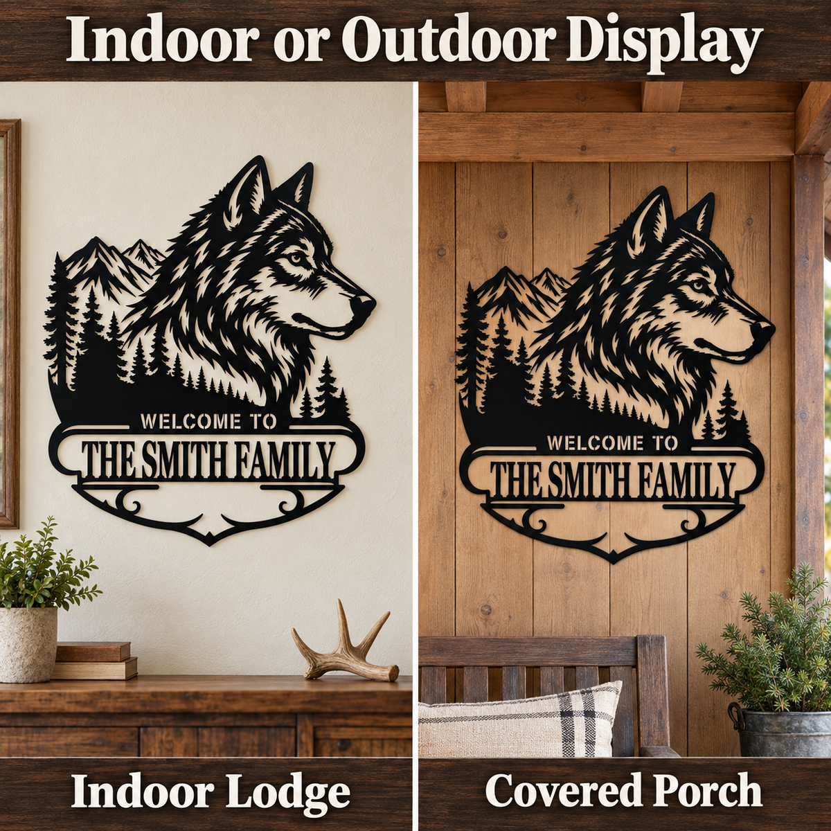 Indoor Outdoor Use - Custom Wolf Metal Wall Art Personalized Cabin Sign Rustic Wildlife