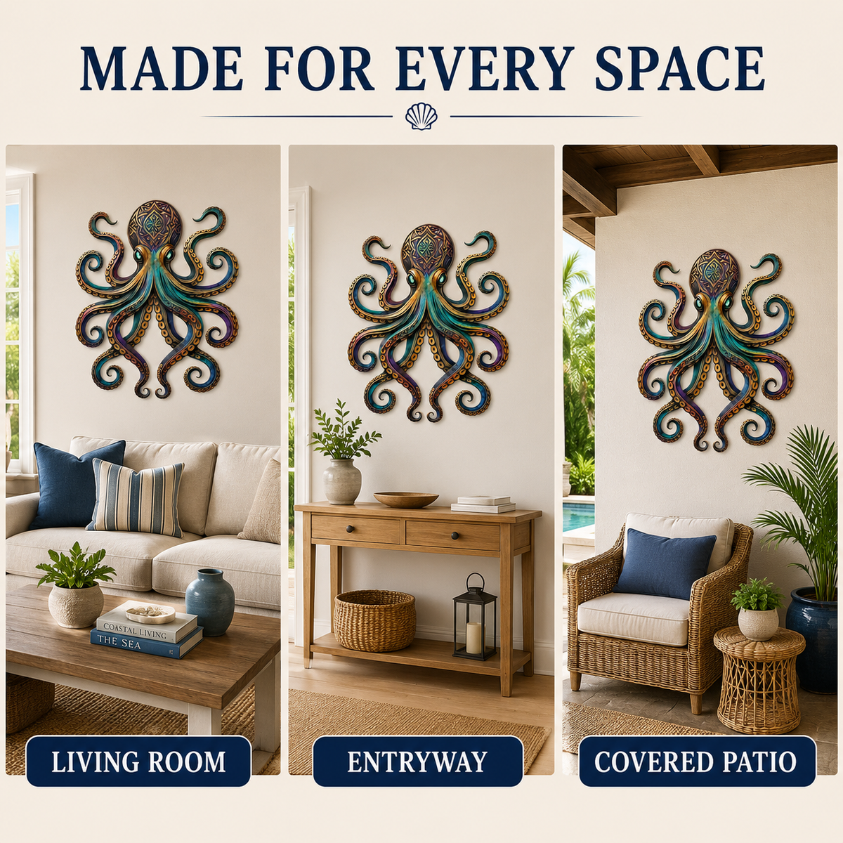 Three Décor Areas — Octopus Metal Wall Art Octopus Wall Decor Coastal Wall Art