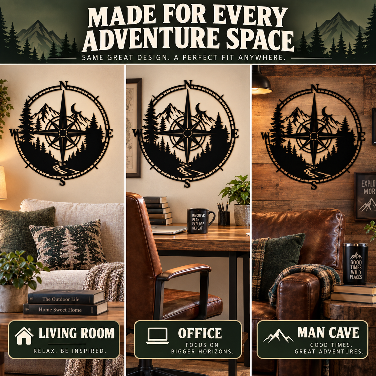 Metal Compass Wall Art Mountain Wall Art Adventure Decor Cabin Wall Art Travel Gift Nature Lover Gift With LED — Three Décor Areas