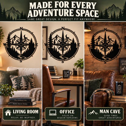 Metal Compass Wall Art Mountain Wall Art Adventure Decor Cabin Wall Art Travel Gift Nature Lover Gift With LED — Three Décor Areas