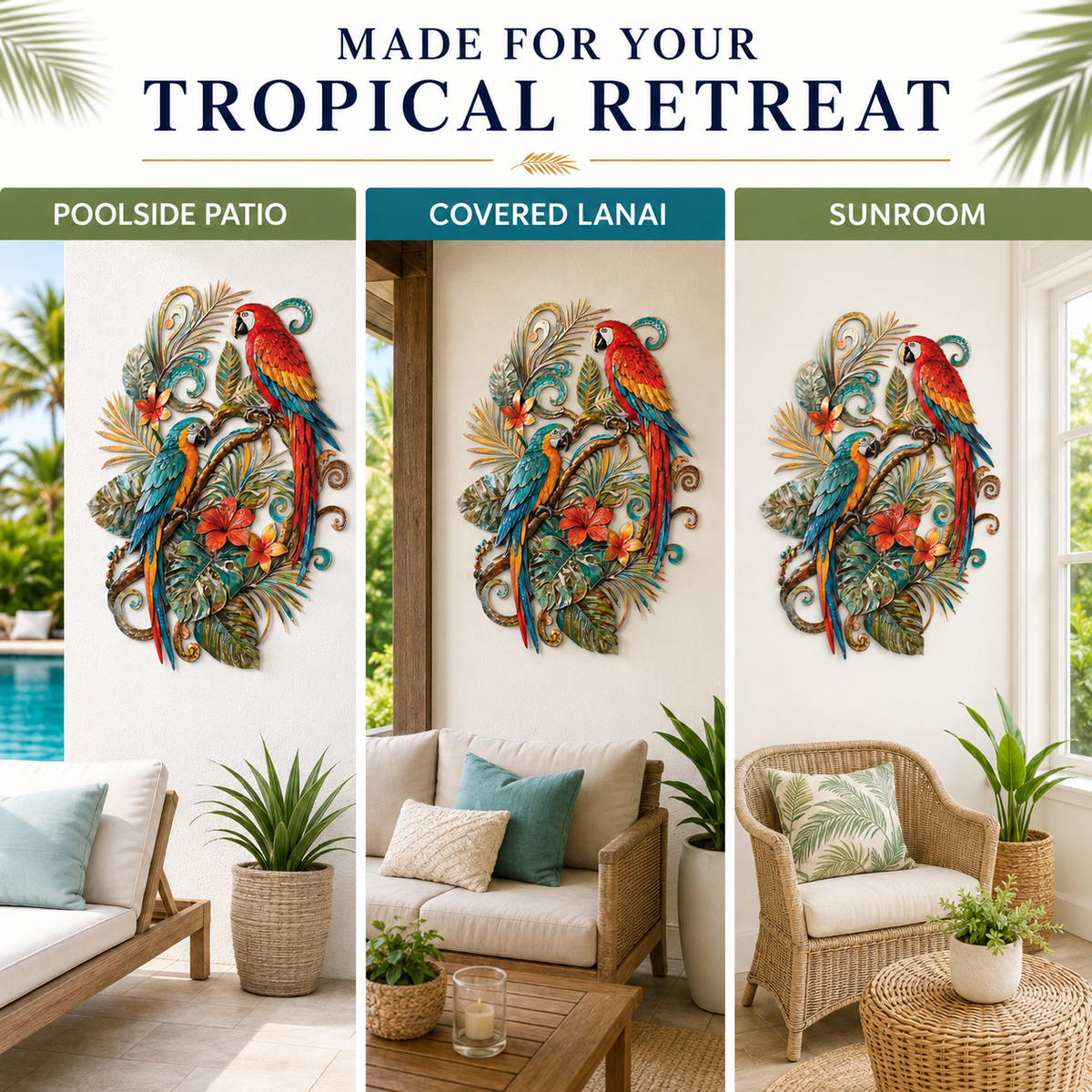 Three Décor Areas - Tropical Parrot Metal Wall Art Macaw Wall Decor Tropical Bird
