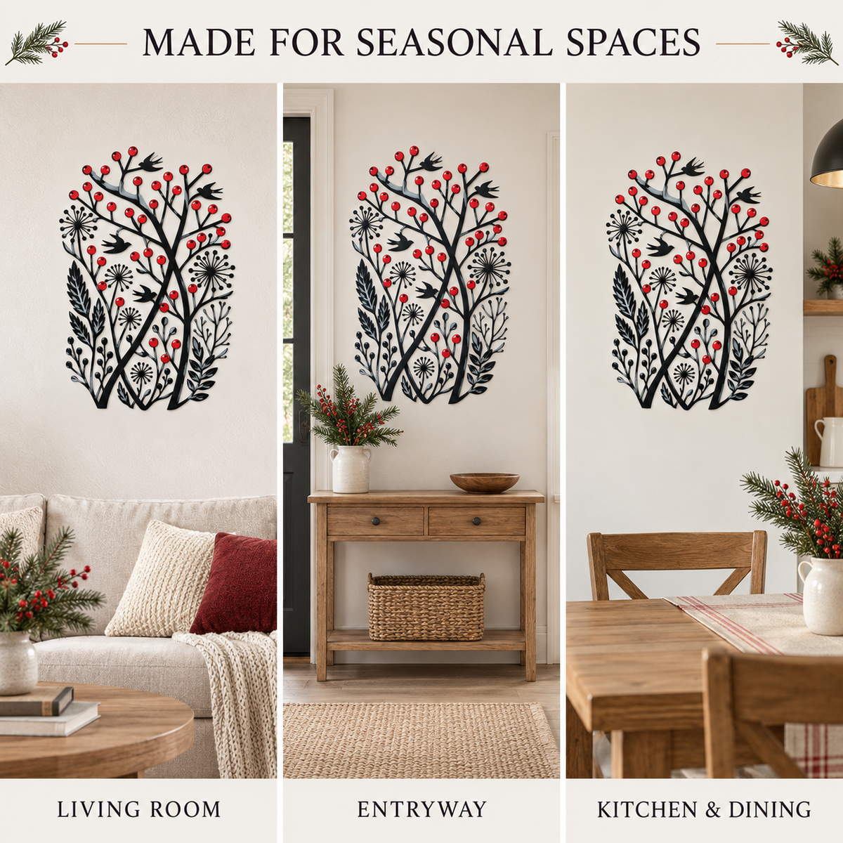 Christmas Wall Art Winter Bird Metal Wall Decor Botanical Nature Art Woodland Christmas Decor Flat Printed Metal Art With LED — Three Décor Areas