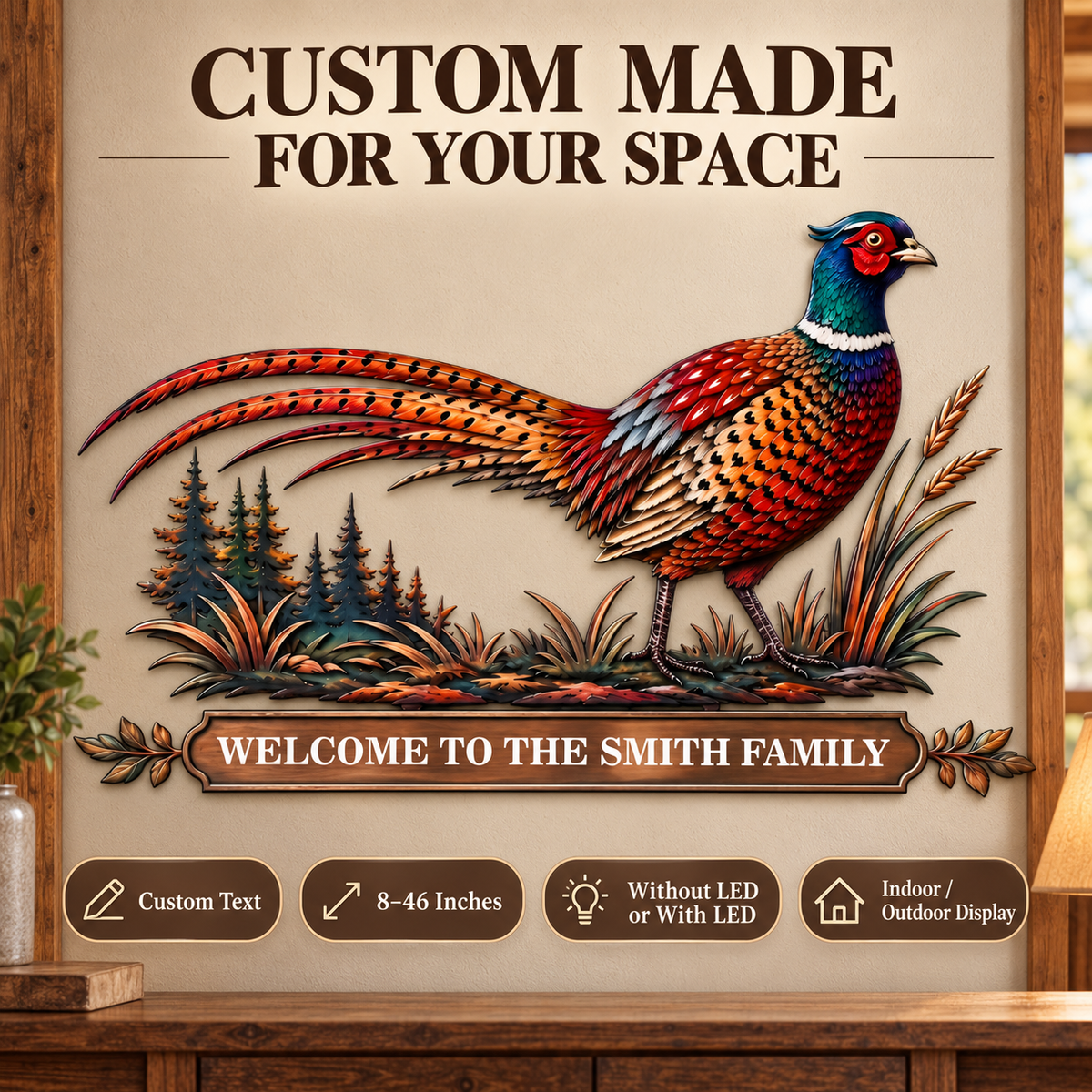 Personalized Pheasant Metal Wall Art Family Name Sign Custom Cabin Wall Decor Wildlife Lodge Decor With LED — Closing Brand Statement Final Info