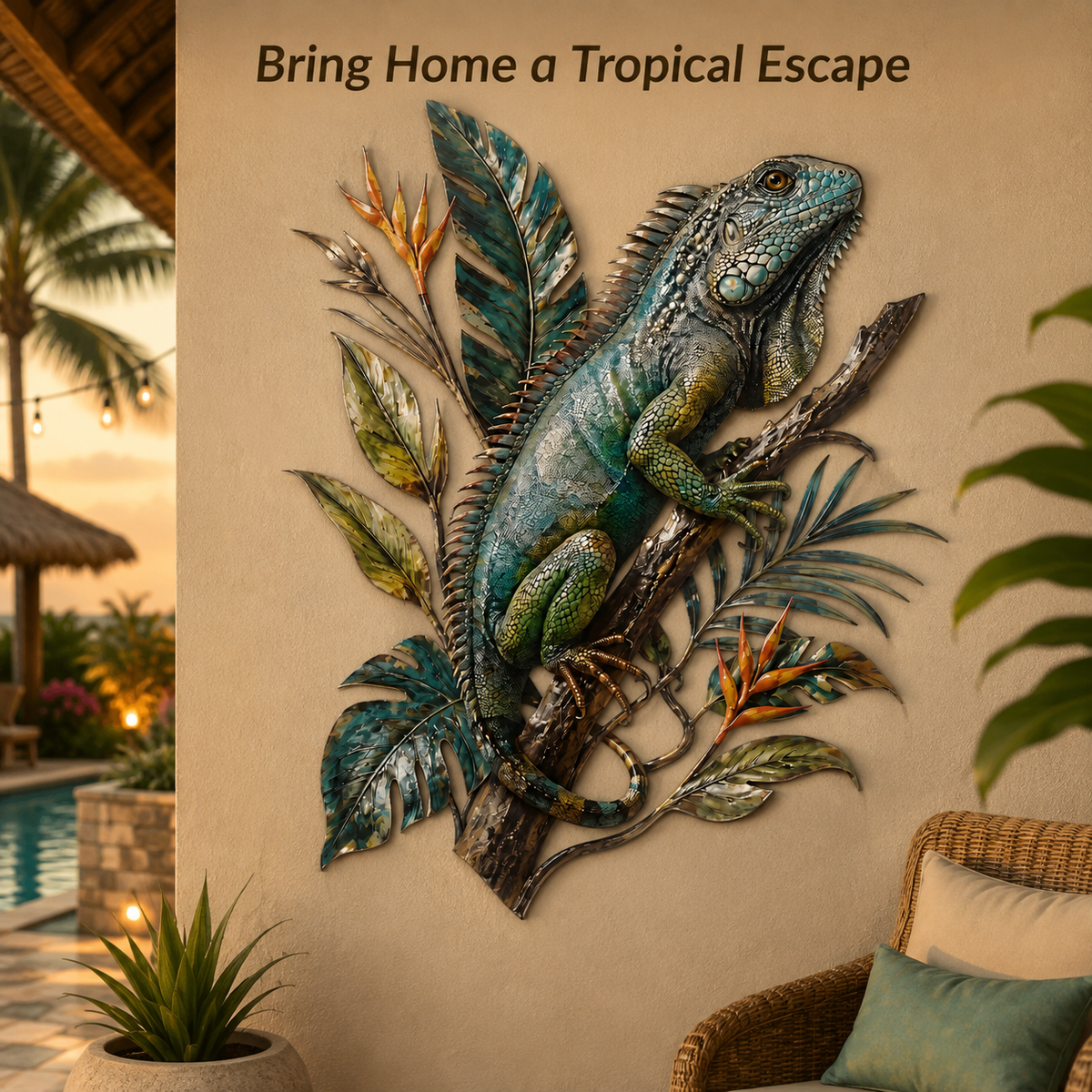Final Statement Lifestyle - Iguana Metal Wall Art Tropical Lizard Wall Decor Jungle Animal