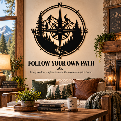 Metal Compass Wall Art Mountain Wall Art Adventure Decor Cabin Wall Art Travel Gift Nature Lover Gift With LED — Final Statement