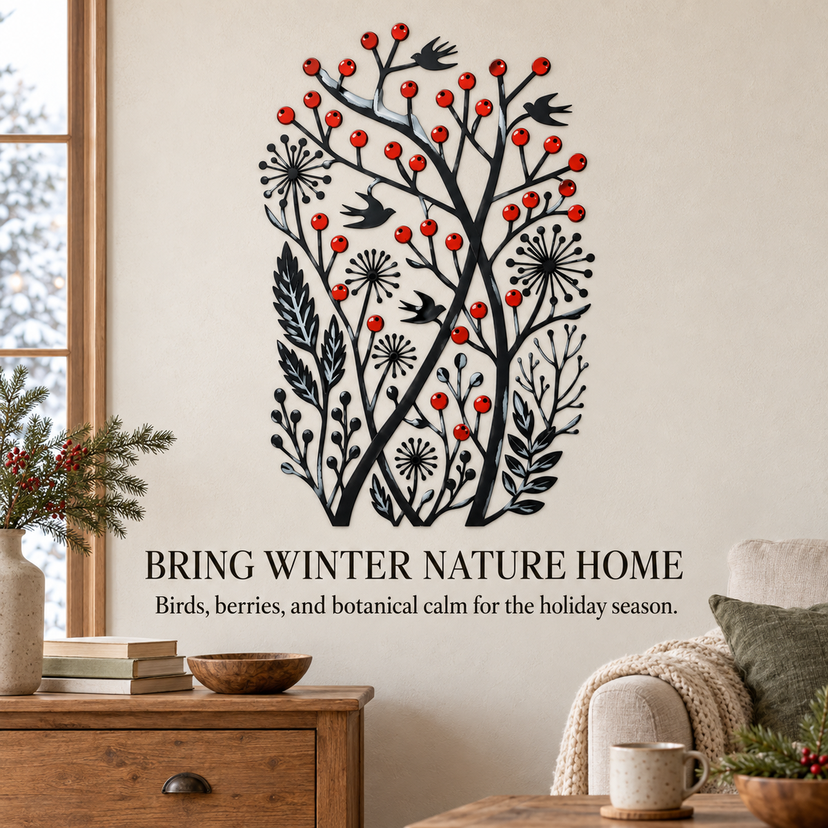 Christmas Wall Art Winter Bird Metal Wall Decor Botanical Nature Art Woodland Christmas Decor Flat Printed Metal Art With LED — Final Statement