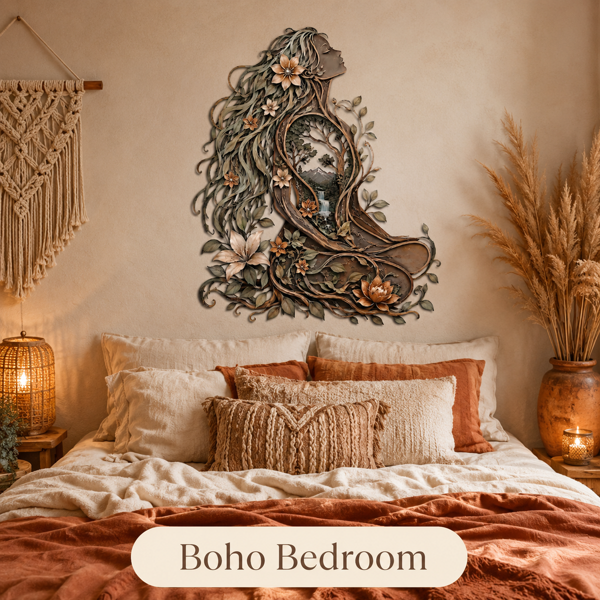 Boho Bedroom - Meditation Room Metal Wall Art Woman Tree of Life Yoga