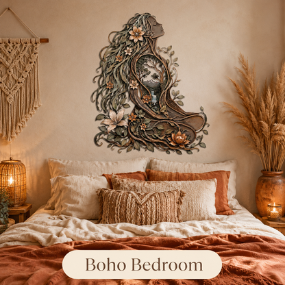 Boho Bedroom - Meditation Room Metal Wall Art Woman Tree of Life Yoga