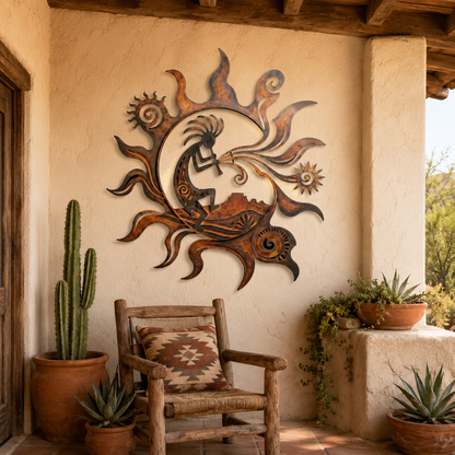 Covered Patio-Style Wall With Desert Plants - Kokopelli Metal Wall Art Southwestern Wall Decor Desert Sun Rustic