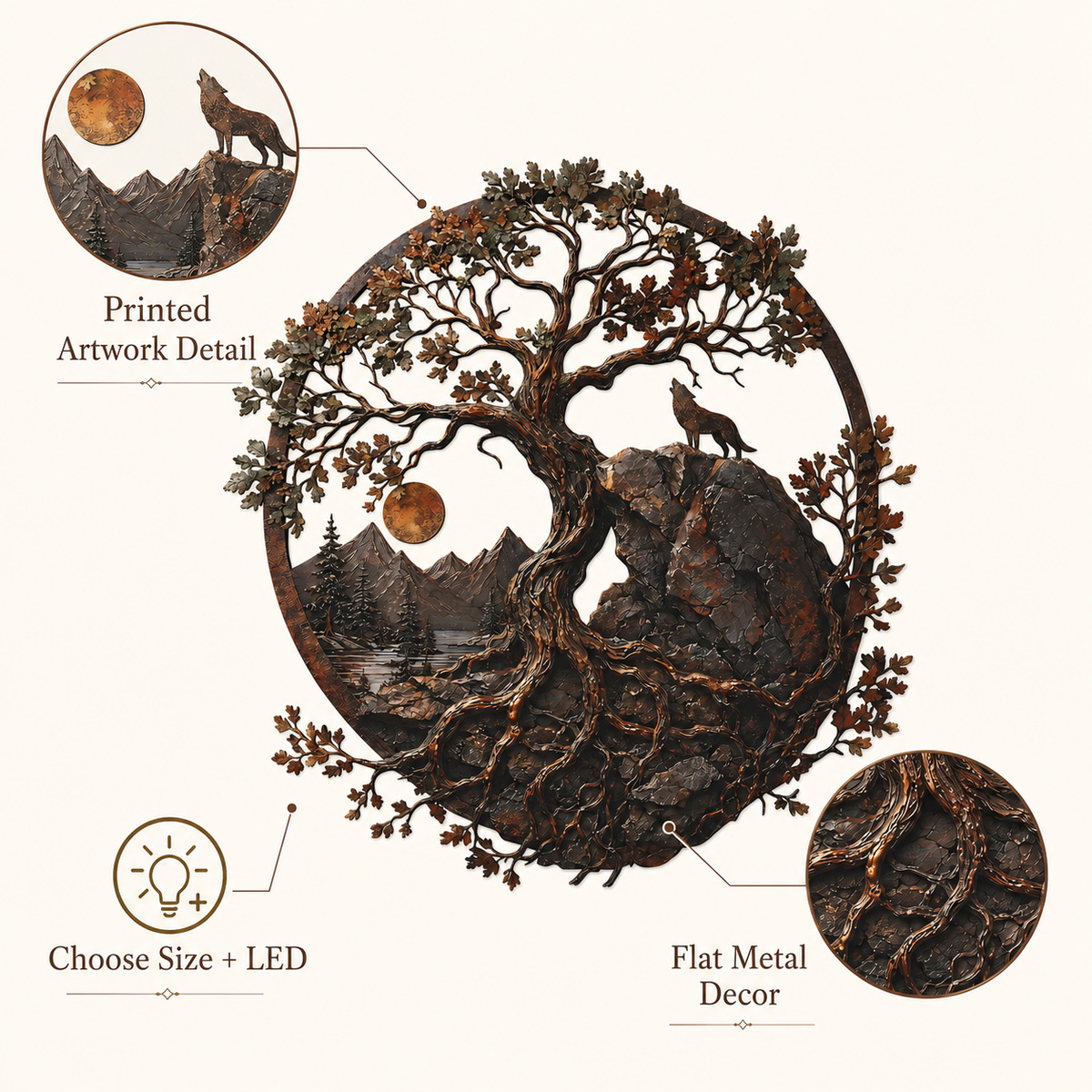 Detail Trust - Ancient Oak Tree Metal Wall Art Wolf Mountain Wilderness Decor