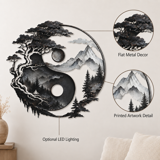 Yin Yang Metal Wall Decor, Mountain and Tree Wall Art, Zen Nature Wall Sign, Rustic Landscape Home Decor With LED — Detail Trust