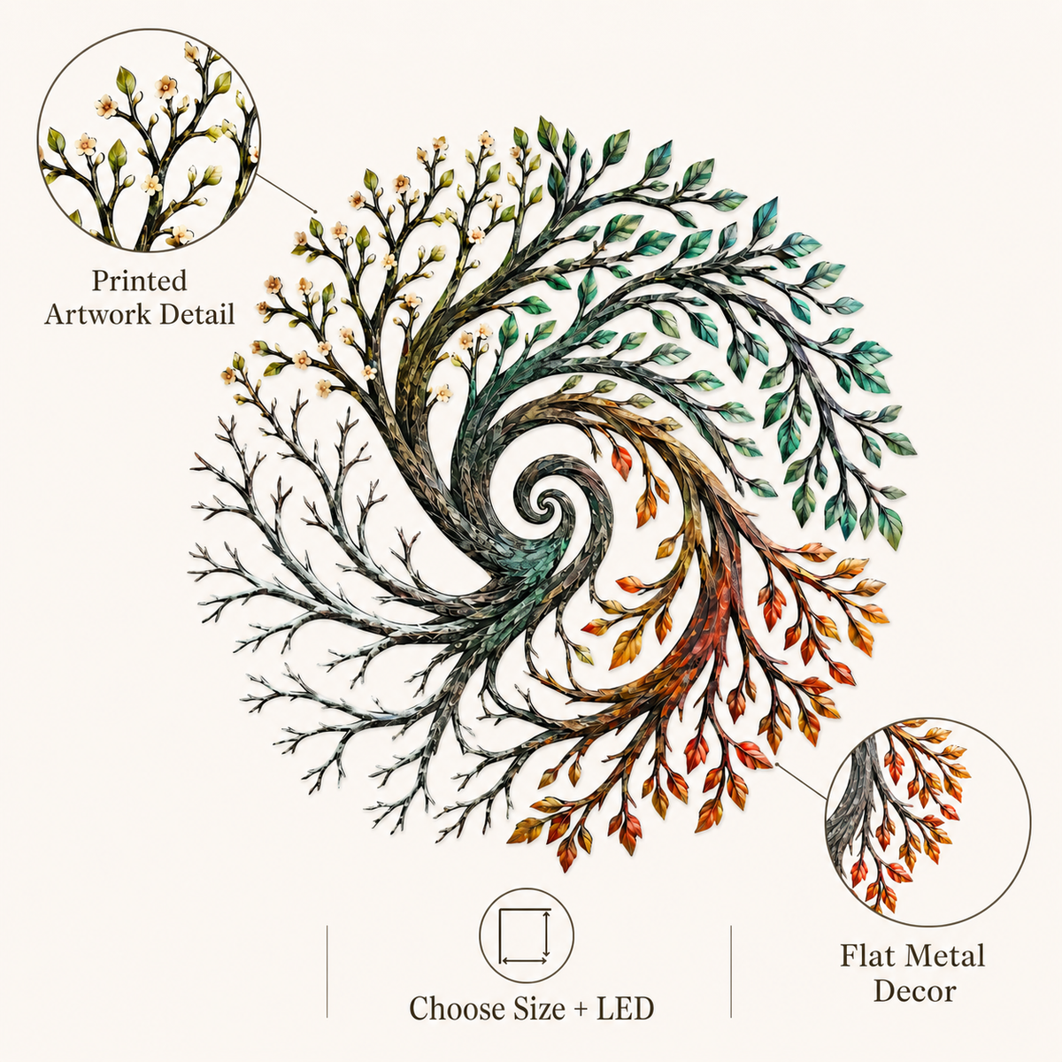 Four Seasons Tree of Life Metal Wall Art Spiral Tree Wall Decor Circular Nature Art for Living Room — Detail Trust