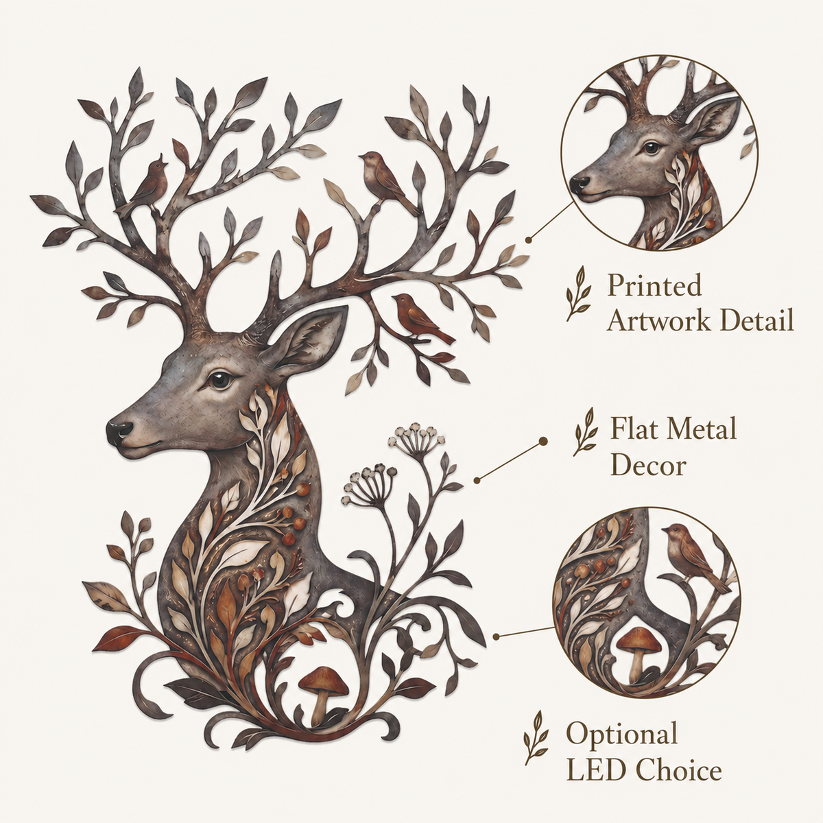 Detail Trust - Botanical Deer Metal Wall Art Woodland Wildlife Decor Deer Antler