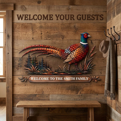 Personalized Pheasant Metal Wall Art Family Name Sign Custom Cabin Wall Decor Wildlife Lodge Decor With LED — Primary Lifestyle – Entryway