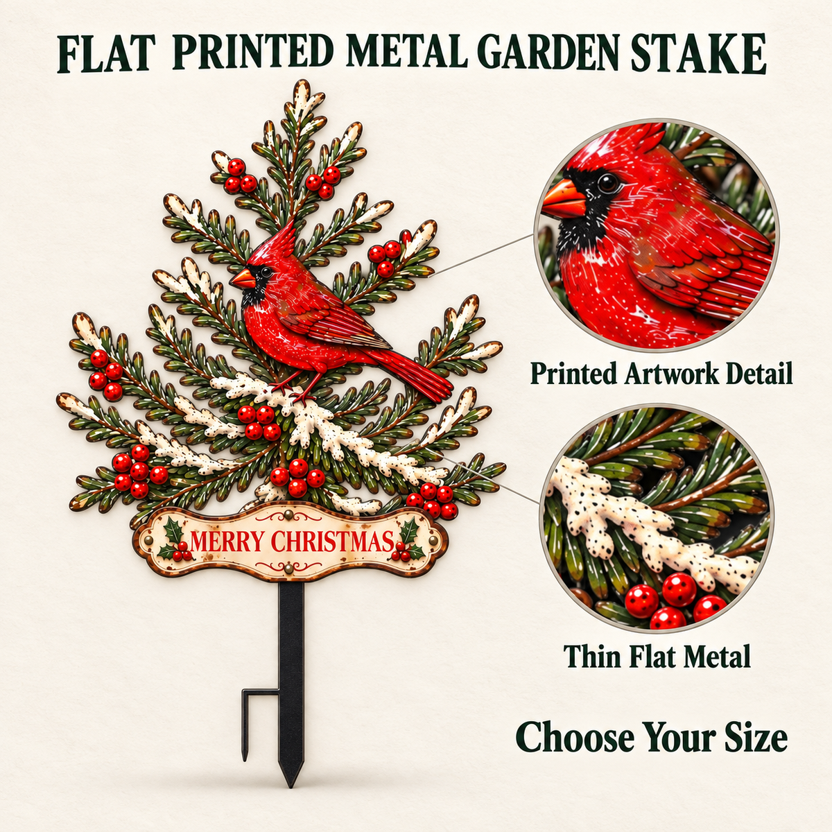 Custom Cardinal Christmas Pine Tree Metal Garden Stake Personalized Christmas Yard Art Cardinal Garden Decor Outdoor Holiday Decor — Product Detail & Flat Printed Trust