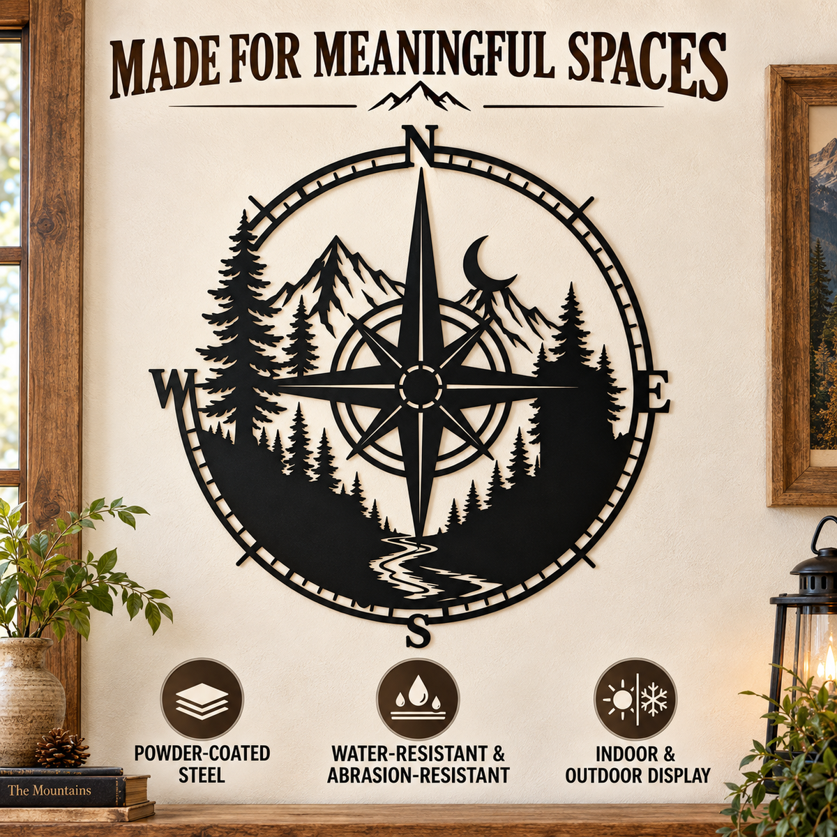 Metal Compass Wall Art Mountain Wall Art Adventure Decor Cabin Wall Art Travel Gift Nature Lover Gift With LED — Standard Quality