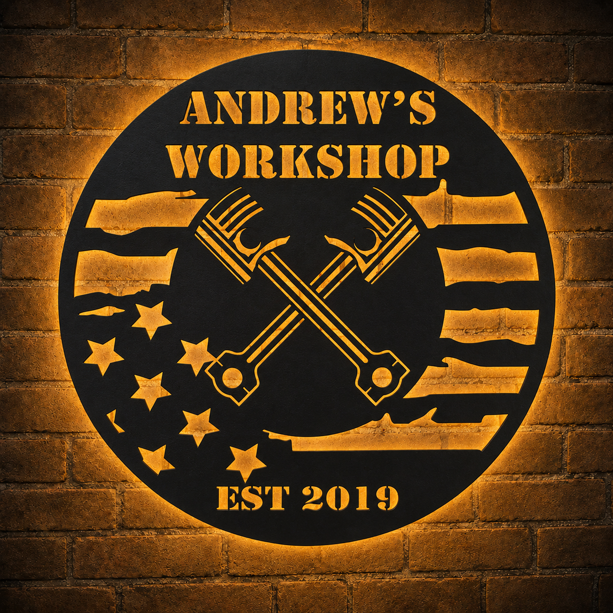 Personalized American Flag Workshop Metal Sign — Custom Dad Name Sign, Patriotic Veteran Garage Gift