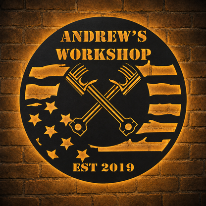 Personalized American Flag Workshop Metal Sign — Custom Dad Name Sign, Patriotic Veteran Garage Gift