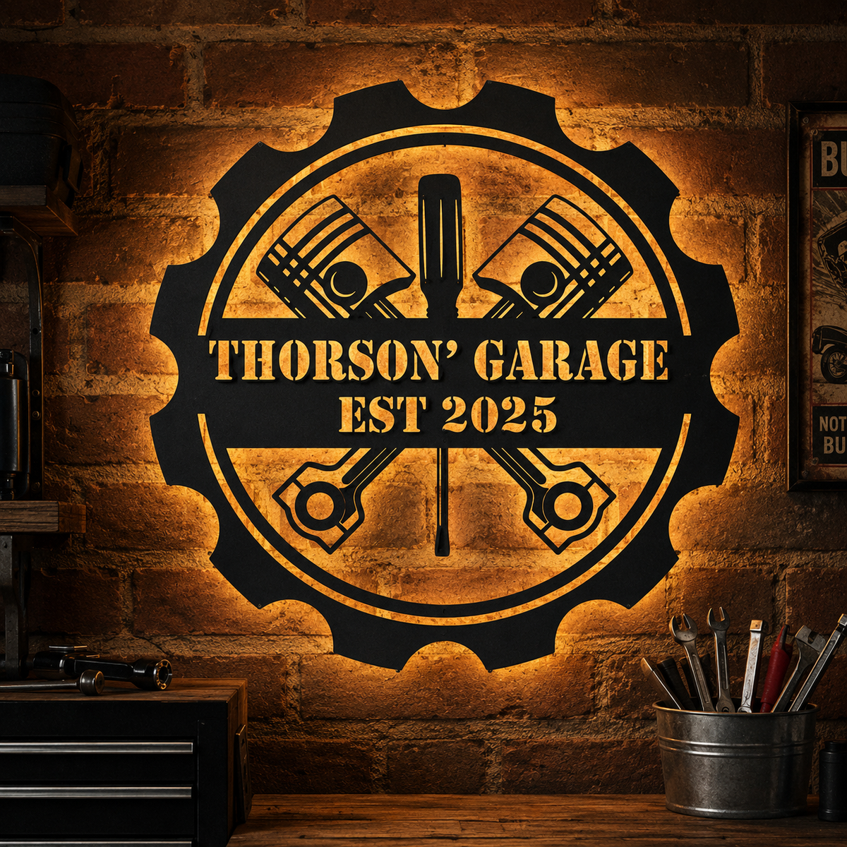 Personalized Garage Metal Sign — Custom Dad Mechanic Gift with Name and Year, Man Cave Wall Decor