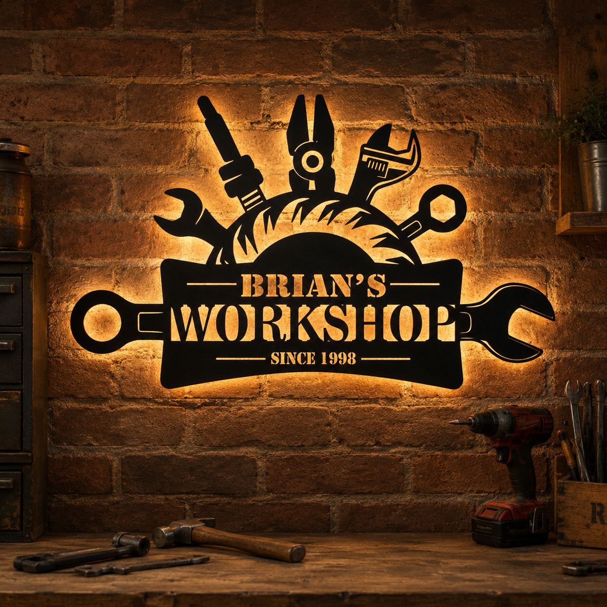 Personalized Dad Workshop Metal Sign with Custom Name and Year — Handyman Gift for Father's Day