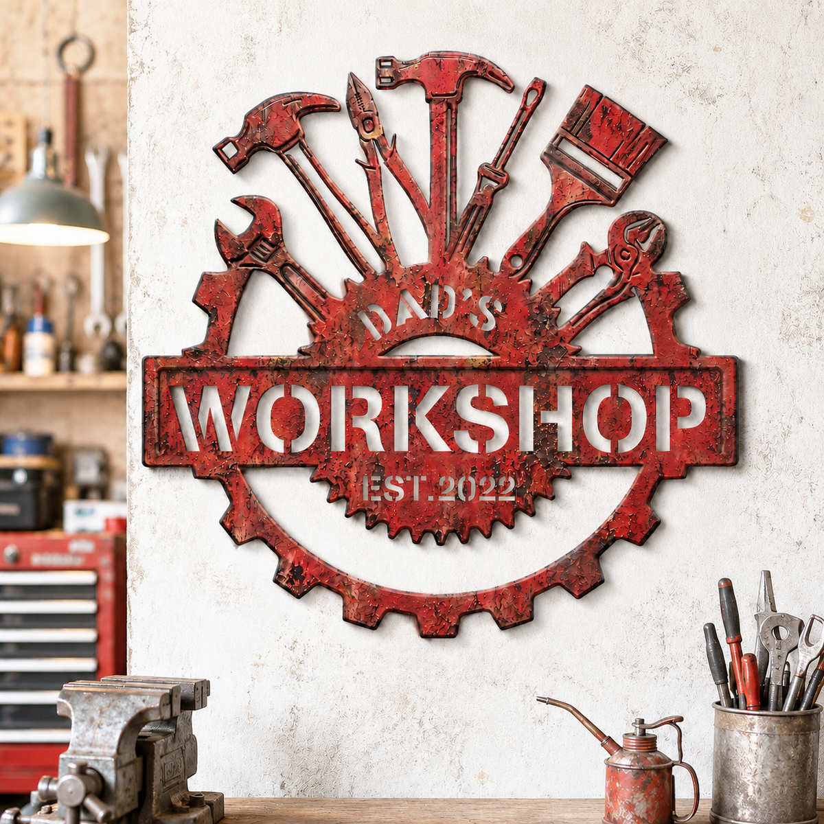 Rusty Red Workshop Metal Sign, Custom Dad’s Workshop Wall Decor, Personalized Garage Tool Sign, Rustic Metal Gift for Dad
