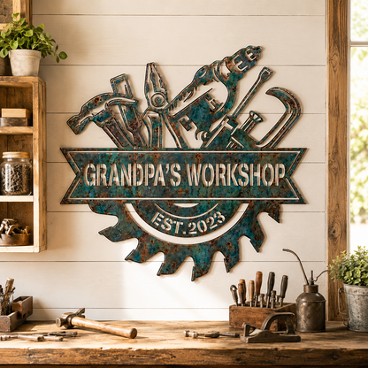 Custom Blue Rusty Workshop Metal Sign, Personalized Garage Tool Wall Decor, Grandpa Workshop Sign, Man Cave Gift, Optional LED