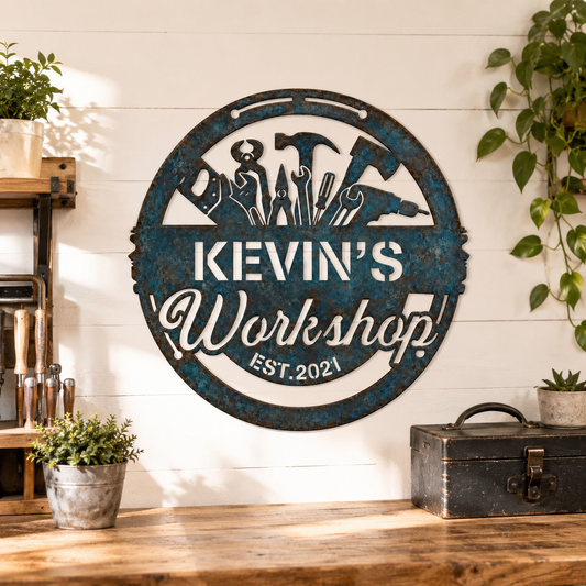 Custom Blue Rust Workshop Metal Sign, Personalized Name Workshop Wall Decor, Rustic Garage Sign, Optional LED