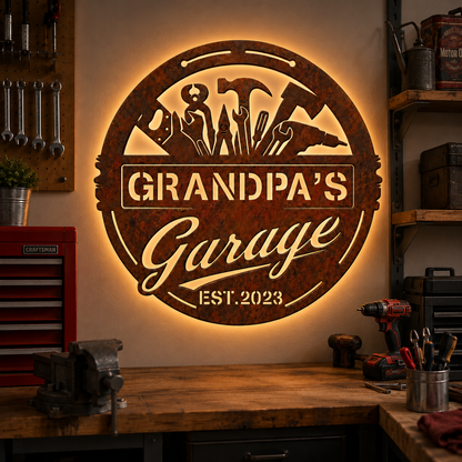 Garage Metal Sign with LED, Personalized Rustic Workshop Wall Decor, Custom Garage Sign Gift for Grandpa, Father's Day gift