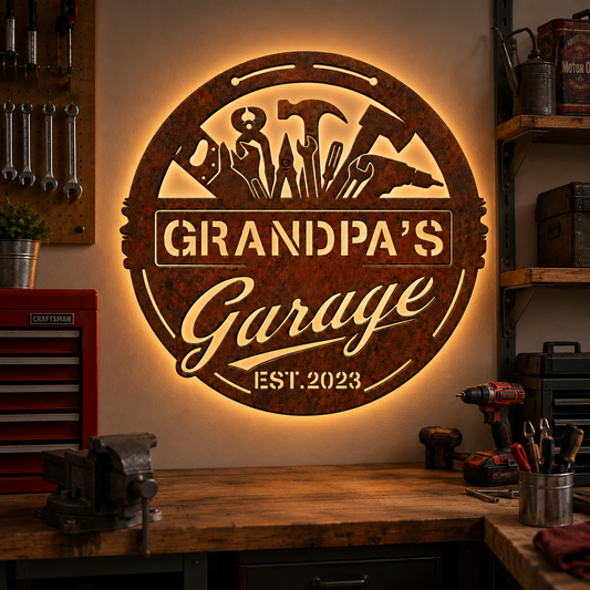 Garage Metal Sign with LED, Personalized Rustic Workshop Wall Decor, Custom Garage Sign Gift for Grandpa, Father's Day gift