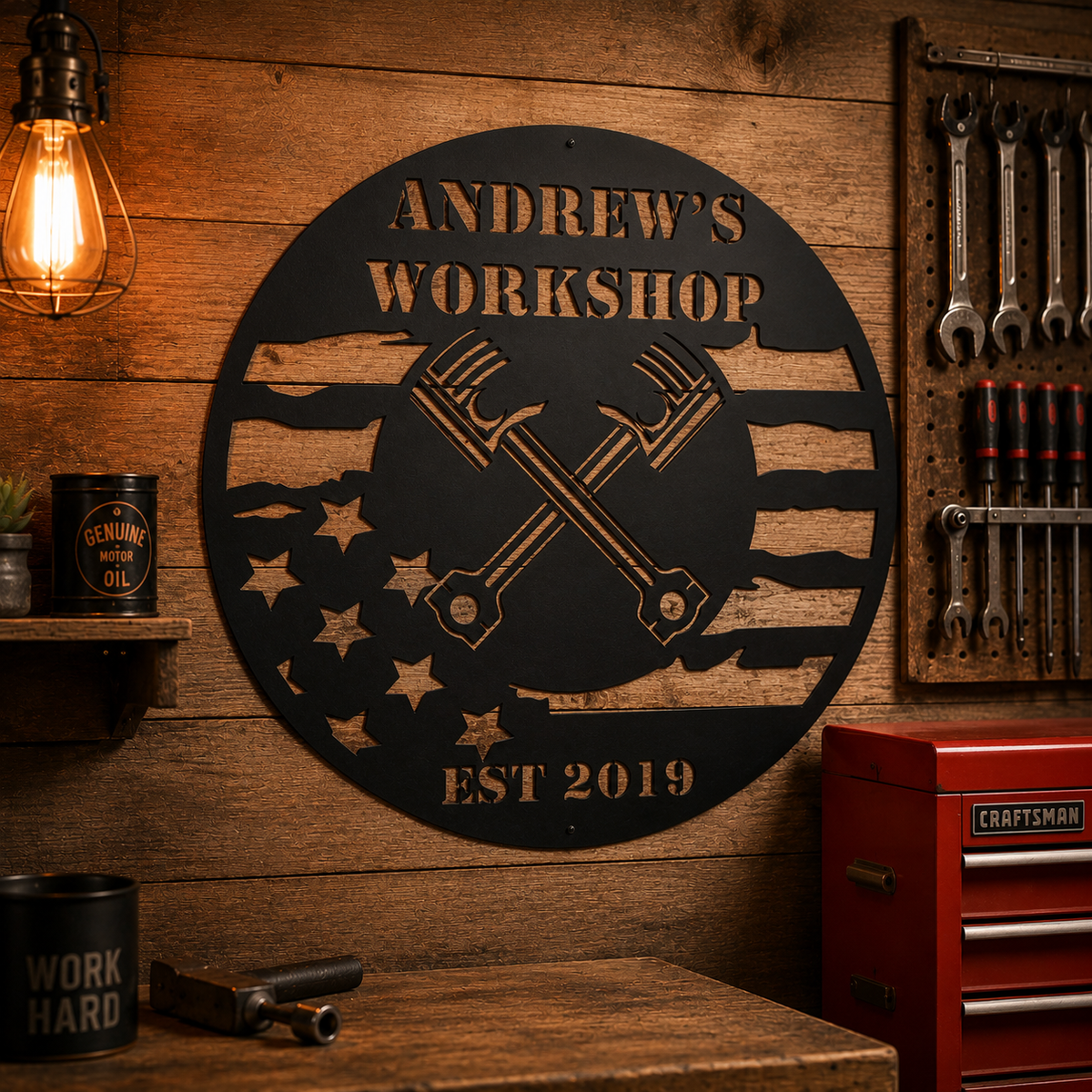 Personalized American Flag Workshop Metal Sign — Custom Dad Name Sign, Patriotic Veteran Garage Gift — main 8