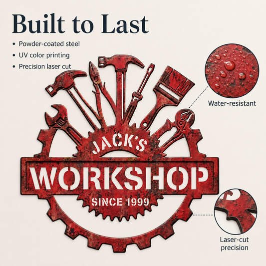 Rusty Red Workshop Metal Sign, Custom Dad’s Workshop Wall Decor, Personalized Garage Tool Sign, Rustic Metal Gift for Dad — main 3