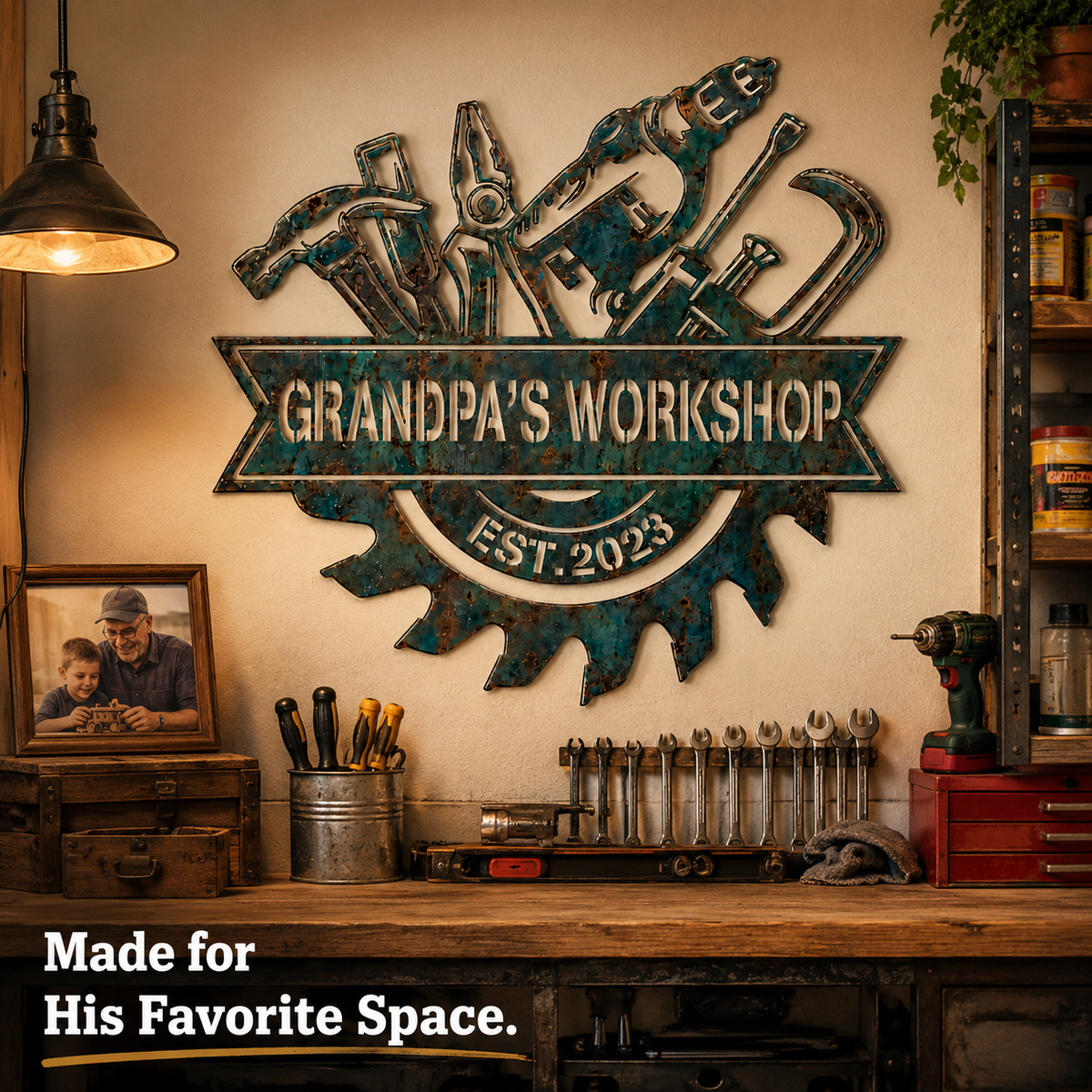 Custom Blue Rusty Workshop Metal Sign, Personalized Garage Tool Wall Decor, Grandpa Workshop Sign, Man Cave Gift, Optional LED — andy_20