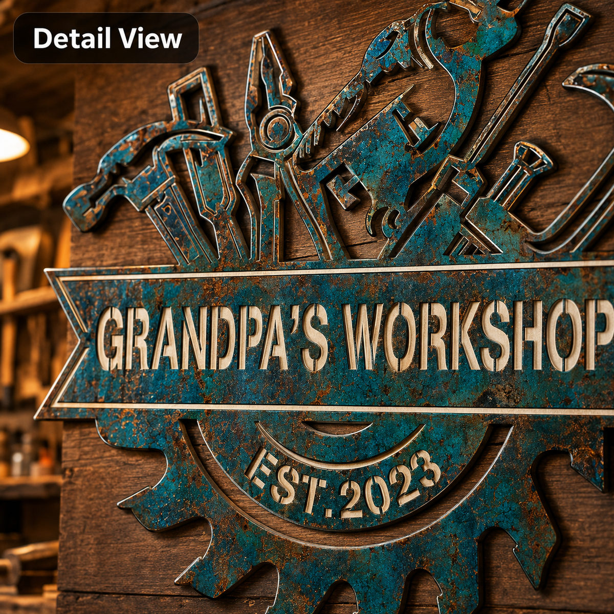 Custom Blue Rusty Workshop Metal Sign, Personalized Garage Tool Wall Decor, Grandpa Workshop Sign, Man Cave Gift, Optional LED — andy_12