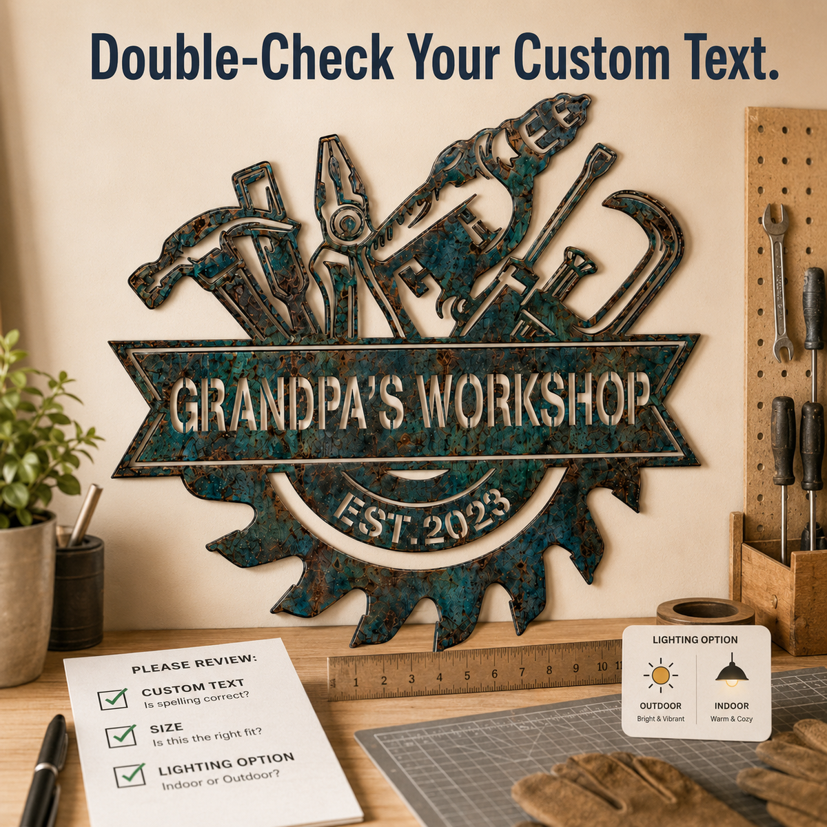 Custom Blue Rusty Workshop Metal Sign, Personalized Garage Tool Wall Decor, Grandpa Workshop Sign, Man Cave Gift, Optional LED — andy_19