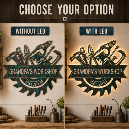 Custom Blue Rusty Workshop Metal Sign, Personalized Garage Tool Wall Decor, Grandpa Workshop Sign, Man Cave Gift, Optional LED — andy_17