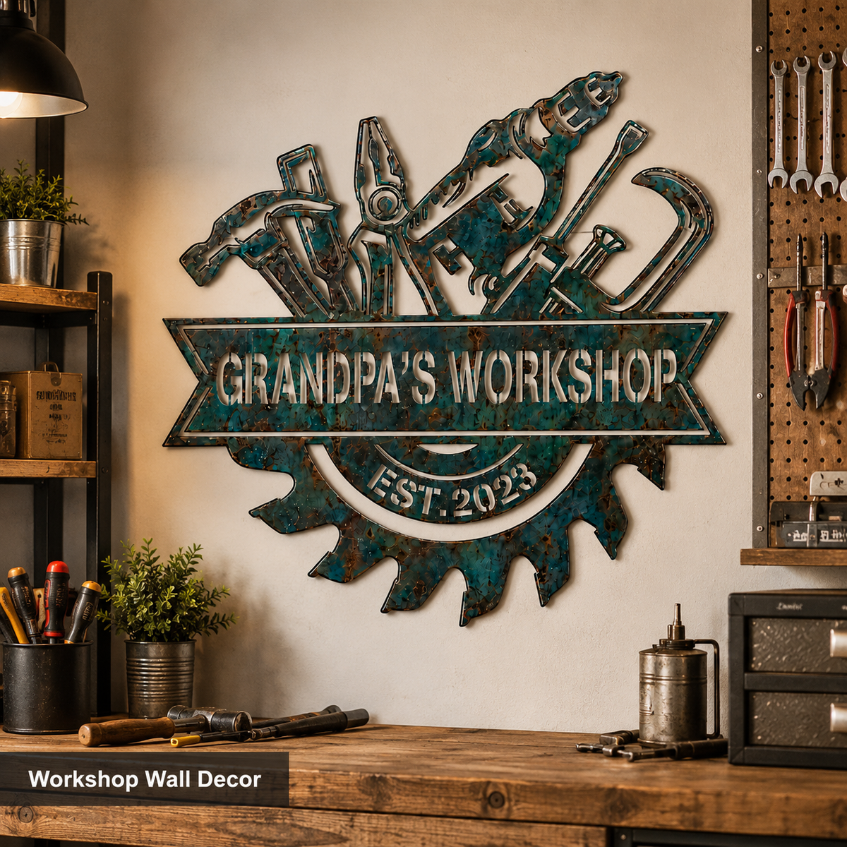 Custom Blue Rusty Workshop Metal Sign, Personalized Garage Tool Wall Decor, Grandpa Workshop Sign, Man Cave Gift, Optional LED — andy_13