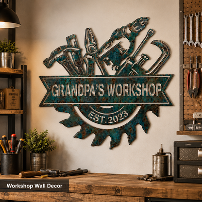 Custom Blue Rusty Workshop Metal Sign, Personalized Garage Tool Wall Decor, Grandpa Workshop Sign, Man Cave Gift, Optional LED — andy_13