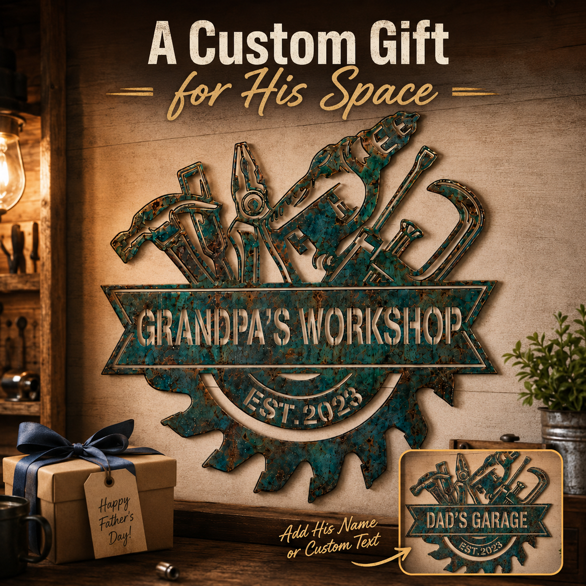 Custom Blue Rusty Workshop Metal Sign, Personalized Garage Tool Wall Decor, Grandpa Workshop Sign, Man Cave Gift, Optional LED — andy_16
