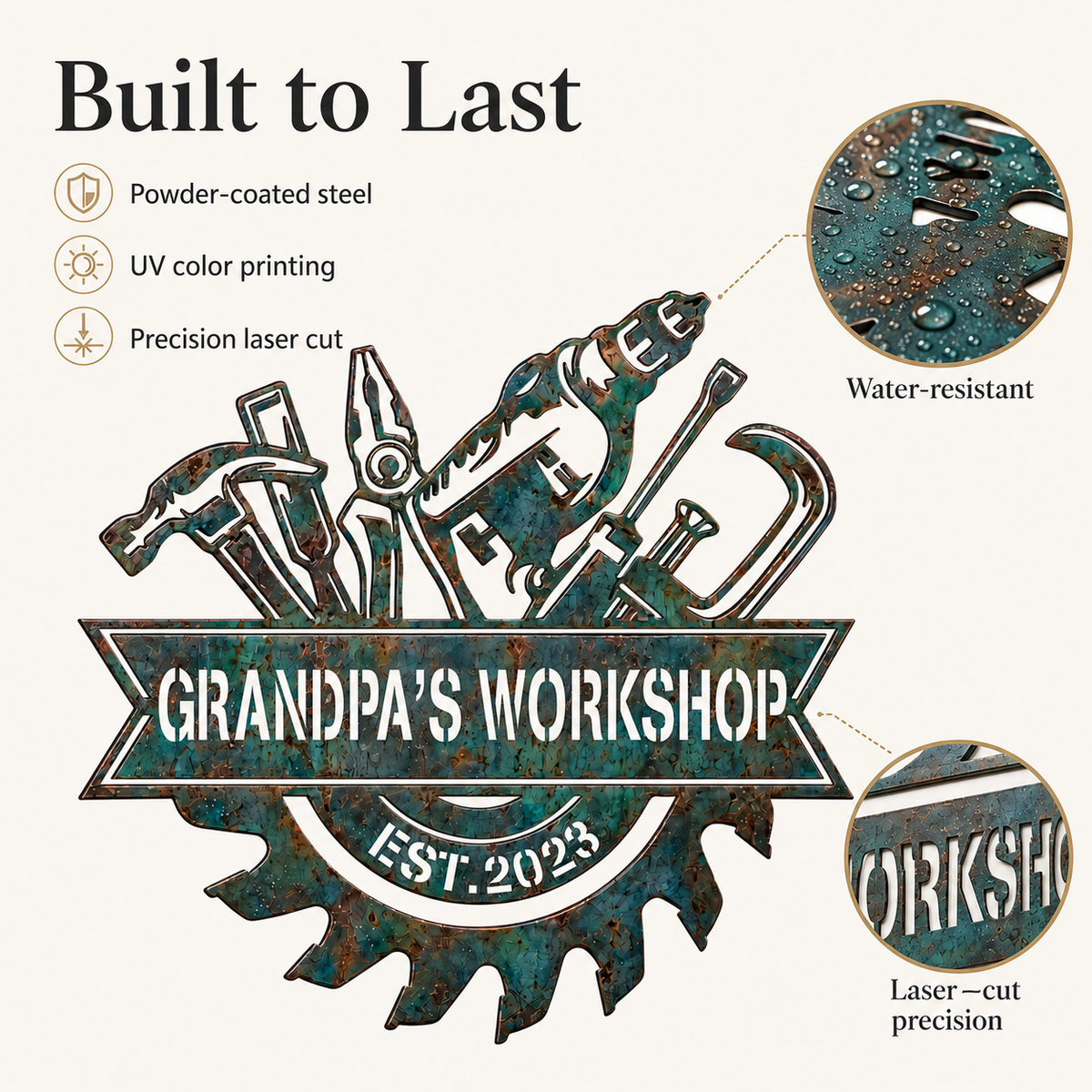 Custom Blue Rusty Workshop Metal Sign, Personalized Garage Tool Wall Decor, Grandpa Workshop Sign, Man Cave Gift, Optional LED — main 3